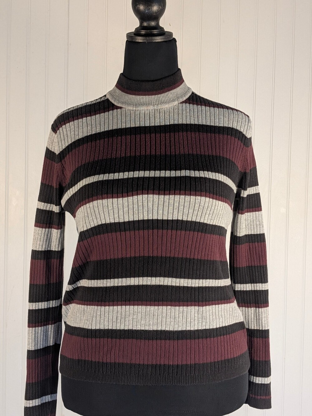Laura Scott Vintage 90s Ribbed Striped Turtleneck Burgundy Grey Black Medium